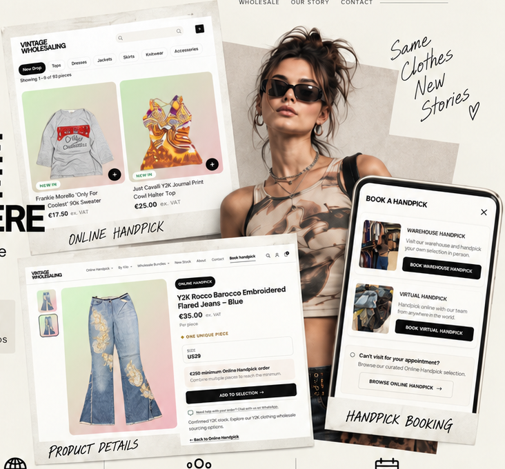 Approved campaign: Frankie Morello and Just Cavalli Online Handpick grid, model, Rocco Barocco jeans product page and Book a Handpick phone, with handwritten labels.