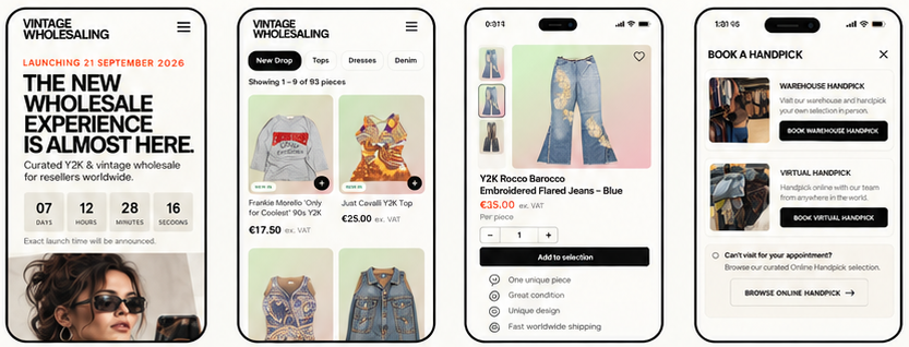 Approved campaign artwork, left to right: Coming Soon mobile, Online Handpick product grid, Rocco Barocco jeans product details and Book a Handpick.
