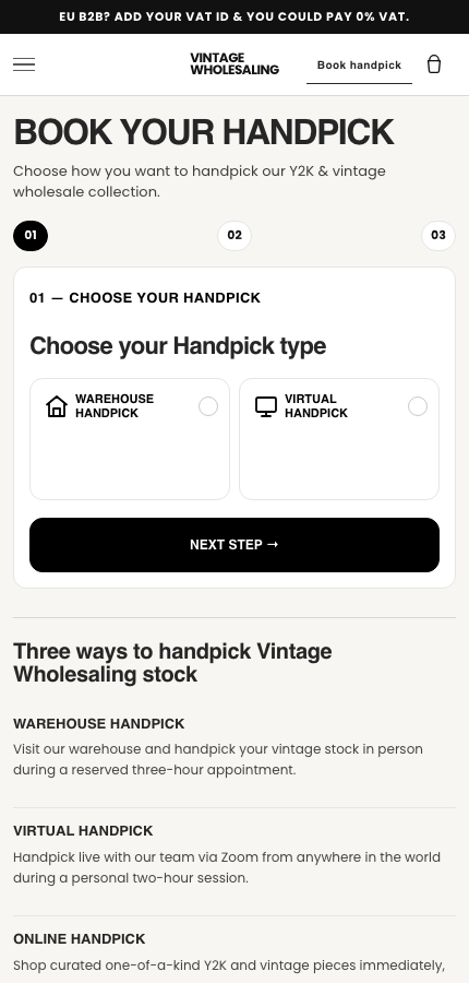 Real Vintage Wholesaling Handpick booking flow