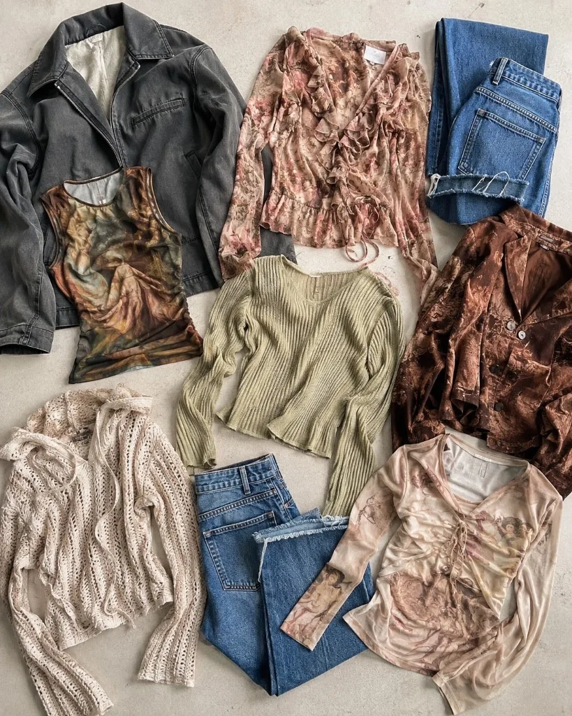 Selected Euro Y2K clothing including denim, statement tops and jackets