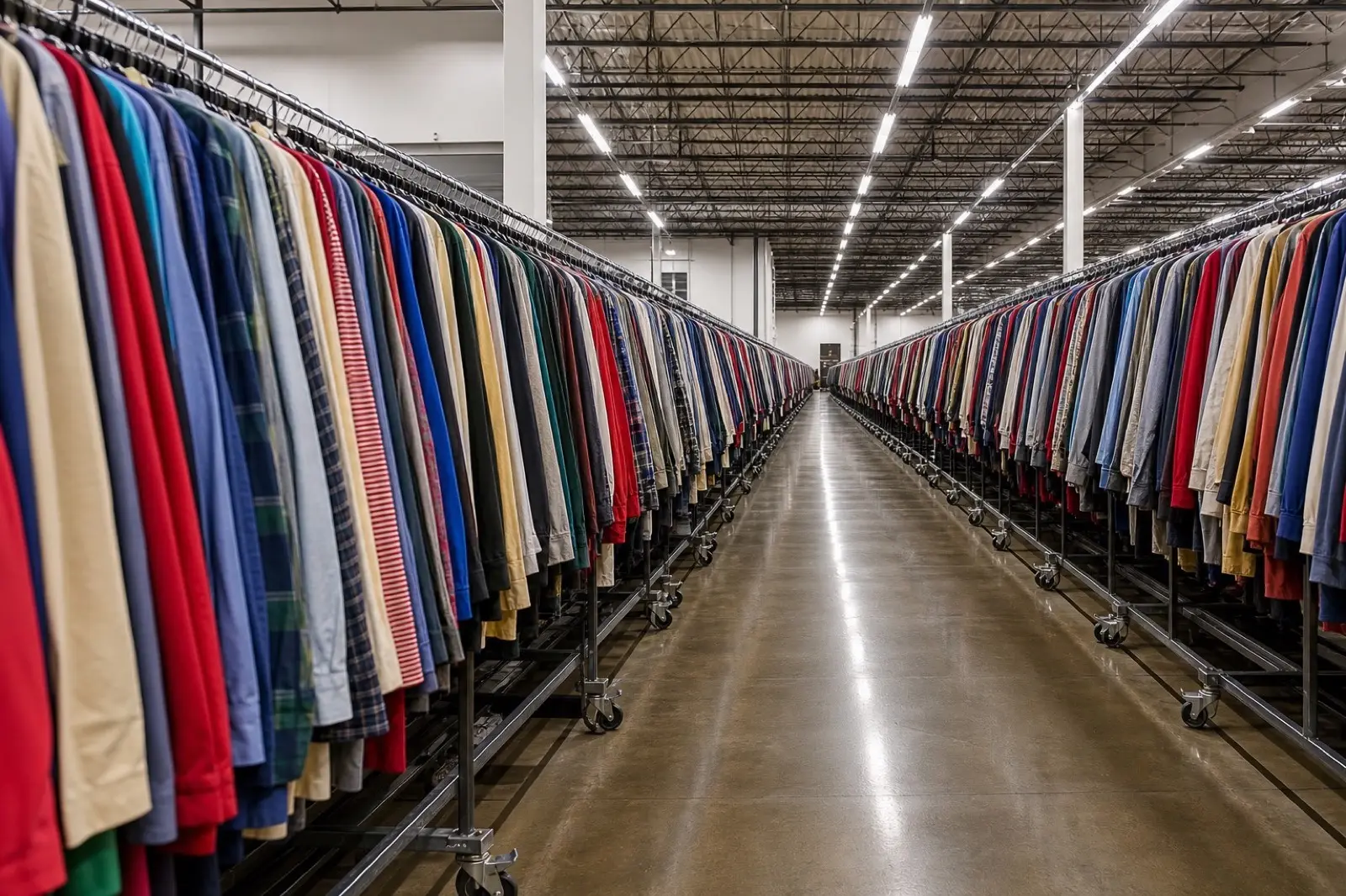Vintage clothing racks in the Vintage Wholesaling warehouse near Amsterdam