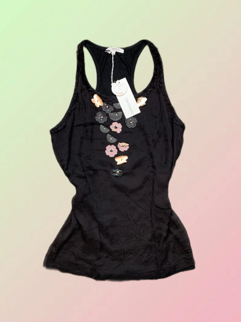 Y2K Cristinaeffe Black Floral Appliqué Racerback Tank Top