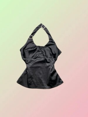 Y2K Black Satin Halter Buckle Corset Top