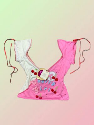 Y2K Pink & White Cherry Girl Rhinestone Tie Sleeve Top