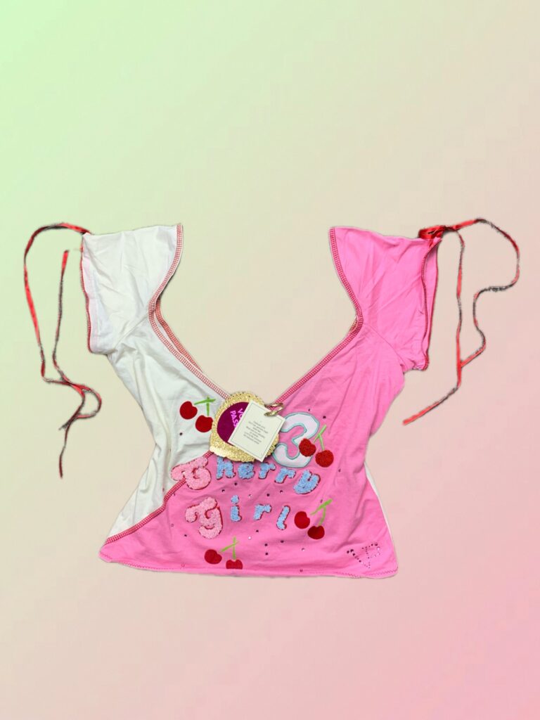 Y2K Pink & White Cherry Girl Rhinestone Tie Sleeve Top
