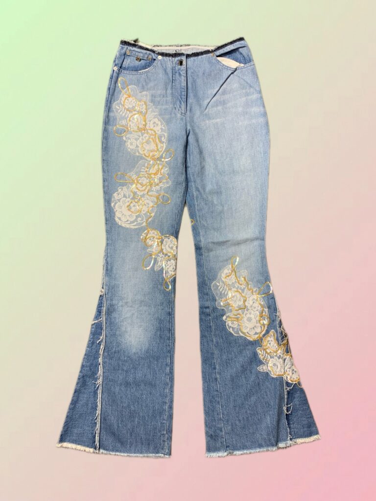 Rocco Barocco Y2K Light Wash Embroidered Lace Appliqué Flared Jeans
