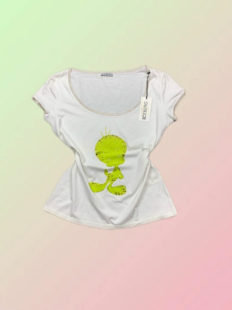Iceberg Y2K White Tweety Rhinestone Fitted T-Shirt