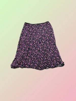 Y2K Black Pink Ditsy Floral Flared Midi Skirt