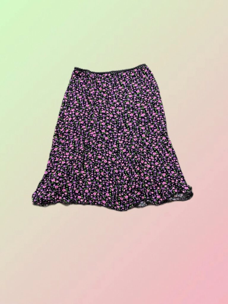 Y2K Black Pink Ditsy Floral Flared Midi Skirt