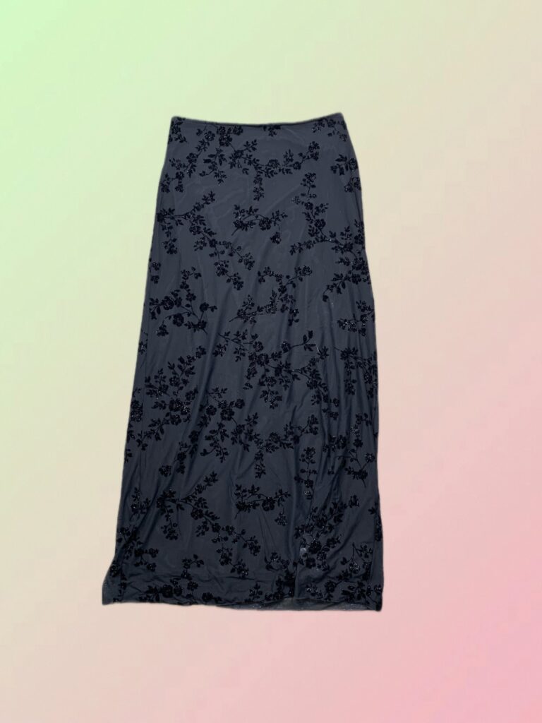 Benetton Y2K Black Flocked Floral Sheer Mesh Maxi Skirt
