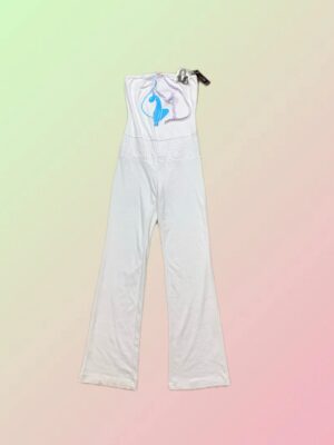 Baby Phat Y2K White Strapless Wide Leg Jumpsuit with Blue Cat Graphic