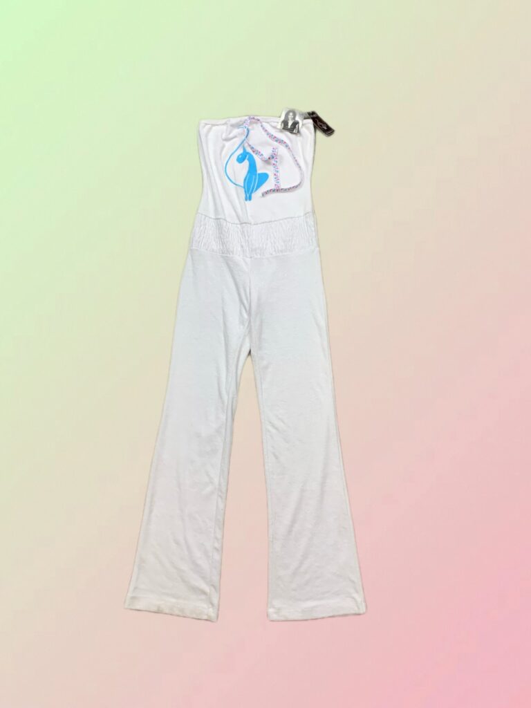 Baby Phat Y2K White Strapless Wide Leg Jumpsuit with Blue Cat Graphic