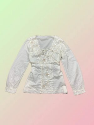 Gaudi Y2K White Embroidered Sequin Lace-Up Blouse