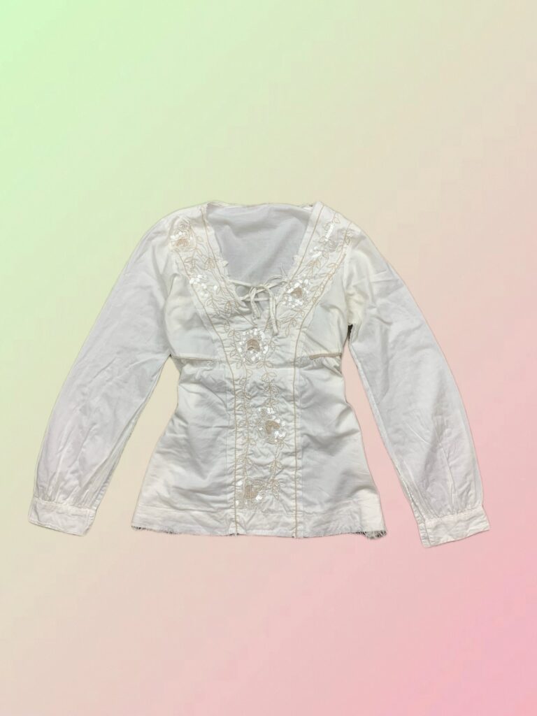 Gaudi Y2K White Embroidered Sequin Lace-Up Blouse
