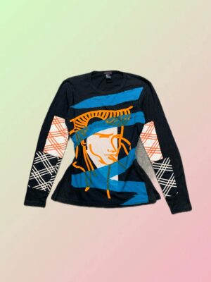 Custo Barcelona Y2K Black Blue Orange Abstract Graphic Long Sleeve Top