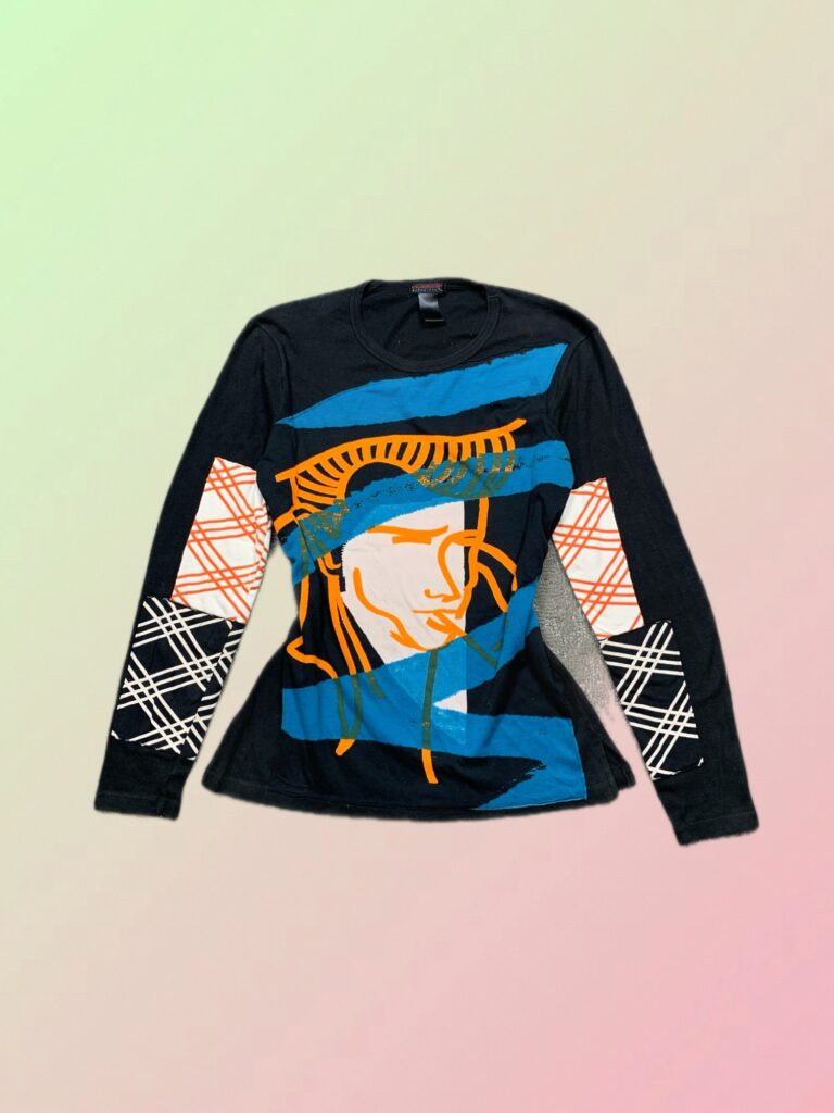 Custo Barcelona Y2K Black Blue Orange Abstract Graphic Long Sleeve Top