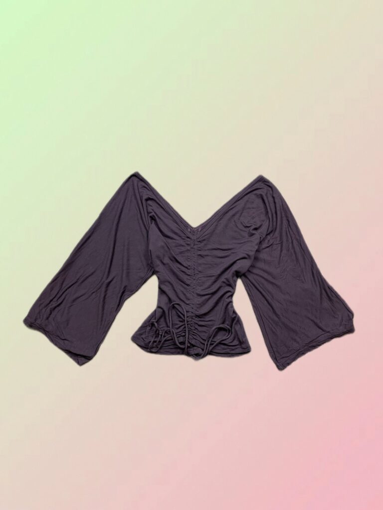 Sisley Y2K Dark Grey Ruched Bell Sleeve Tie Front Top