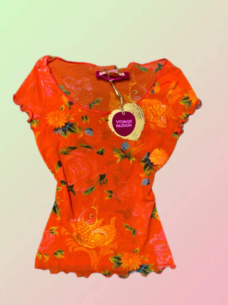Voyage Passion Y2K Orange Floral Mesh Lettuce Hem Top