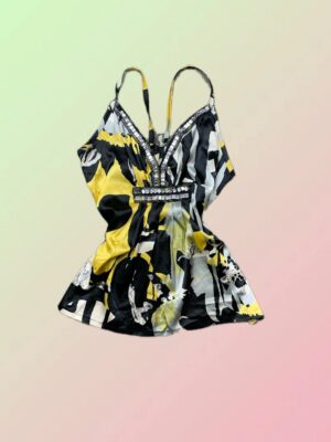 Y2K Black Yellow Abstract Print Rhinestone Embellished Cami Top