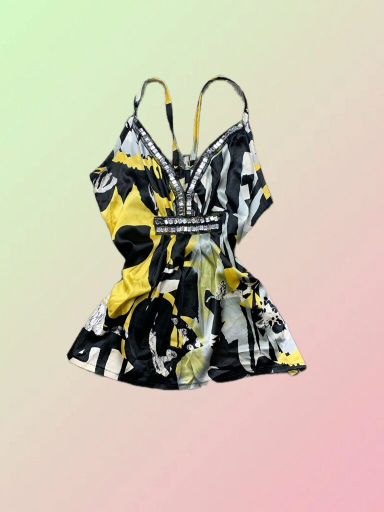 Y2K Black Yellow Abstract Print Rhinestone Embellished Cami Top