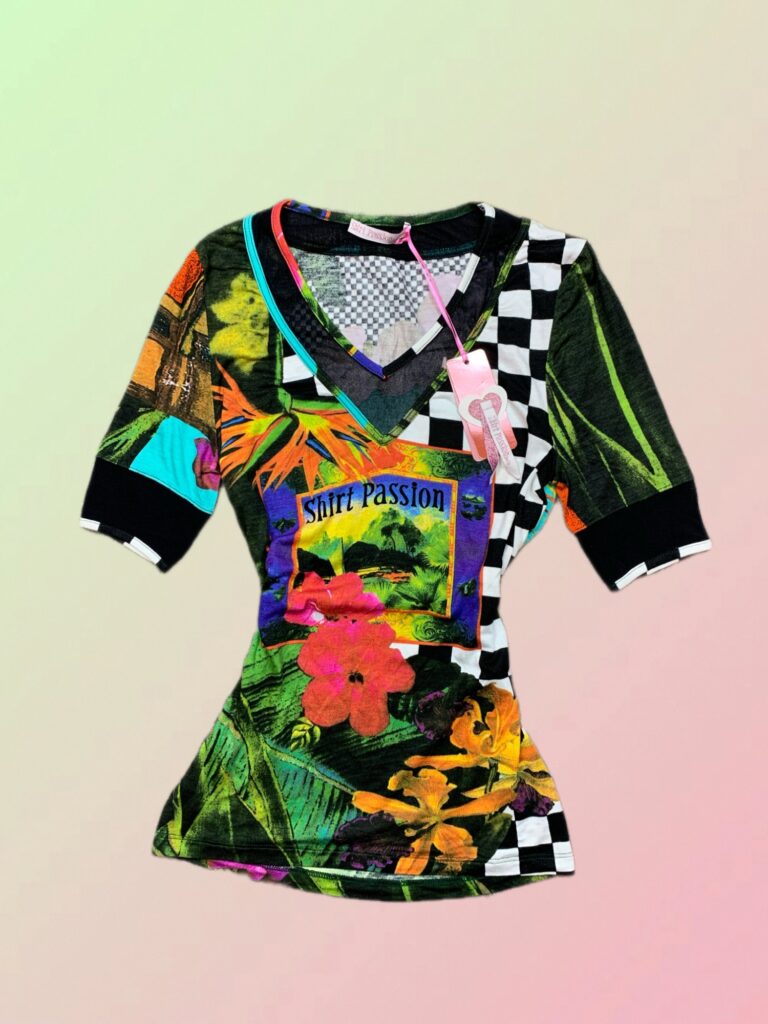 Shirt Passion Y2K Multicolor Tropical Checkerboard V-Neck Fitted Top