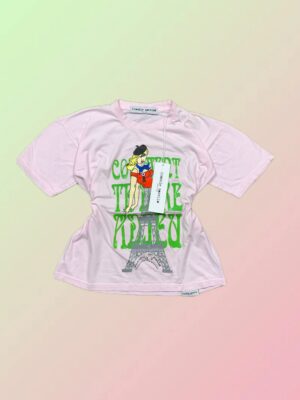 Frankie Morello Y2K Pink Paris Eiffel Tower Graphic Fitted T-Shirt