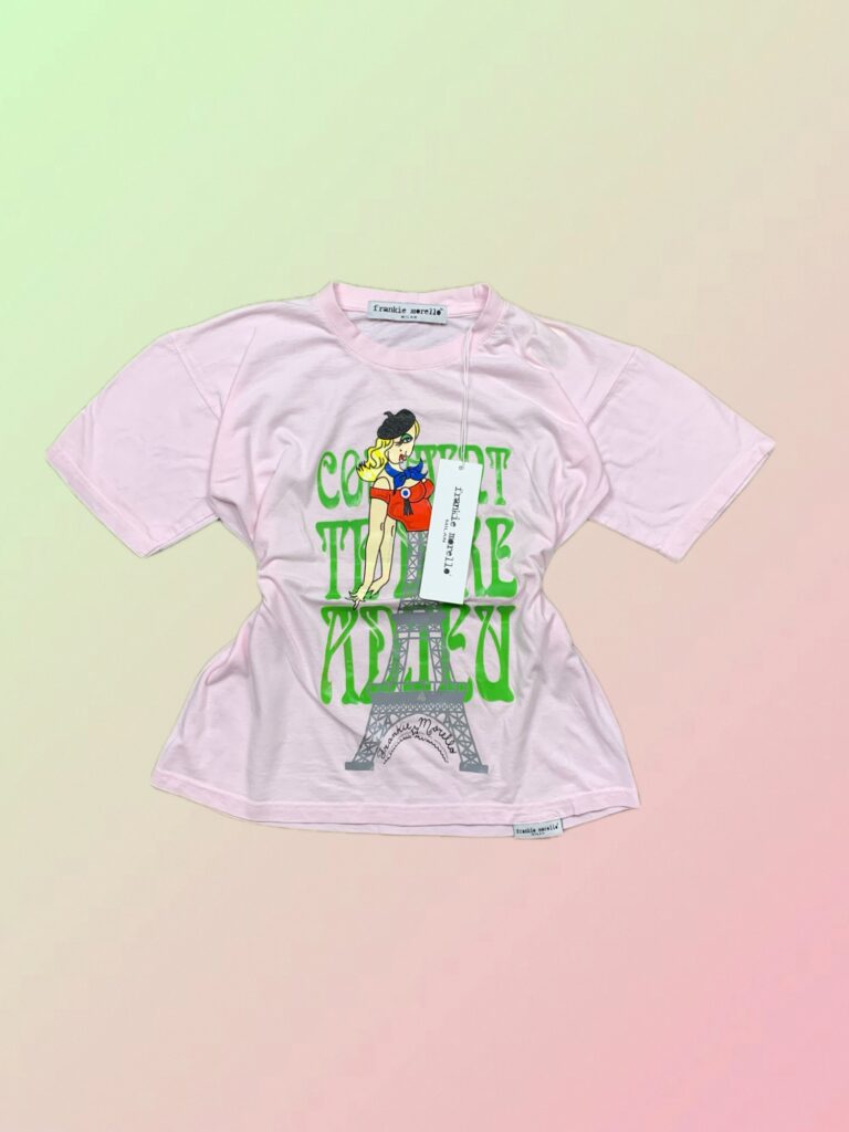 Frankie Morello Y2K Pink Paris Eiffel Tower Graphic Fitted T-Shirt