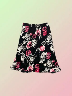 Y2K Black Pink Rose Print A-Line Midi Skirt