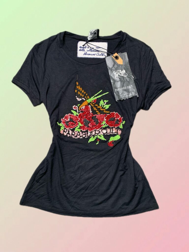 Parasuco Cult Y2K Black Sequin Butterfly & Rose Graphic T-Shirt