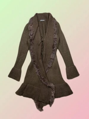 Y2K Just Woman Brown Faux Fur Trim Long Knit Cardigan
