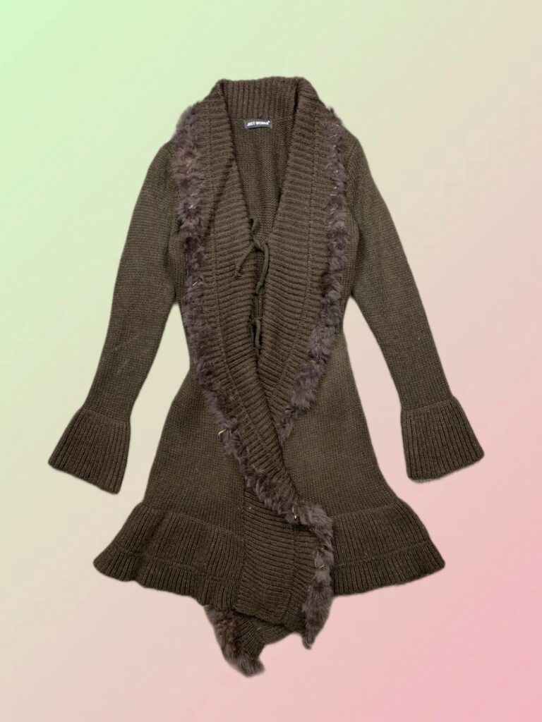 Y2K Just Woman Brown Faux Fur Trim Long Knit Cardigan