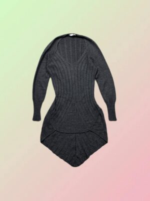 Y2K Dark Grey Ribbed Knit Handkerchief Hem Sweater Dress