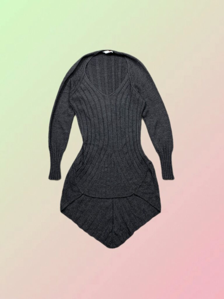 Y2K Dark Grey Ribbed Knit Handkerchief Hem Sweater Dress