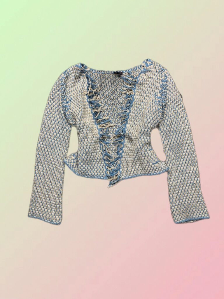 Y2K Blue & Cream Open Knit Fringe Cardigan