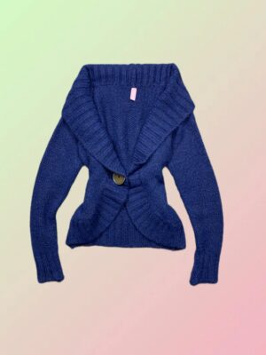 Y2K Royal Blue Chunky Knit Shawl Collar Cardigan