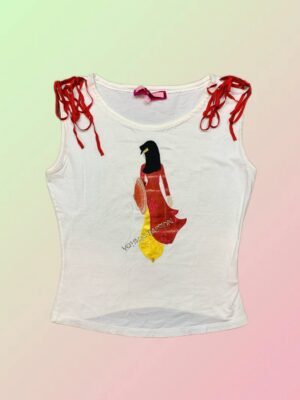 Voyage Passion Y2K White Graphic Embroidered Tie Shoulder Tank Top