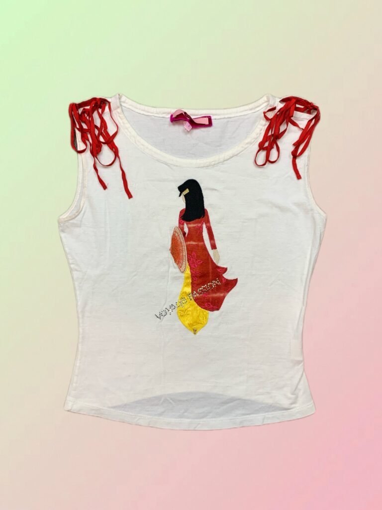 Voyage Passion Y2K White Graphic Embroidered Tie Shoulder Tank Top