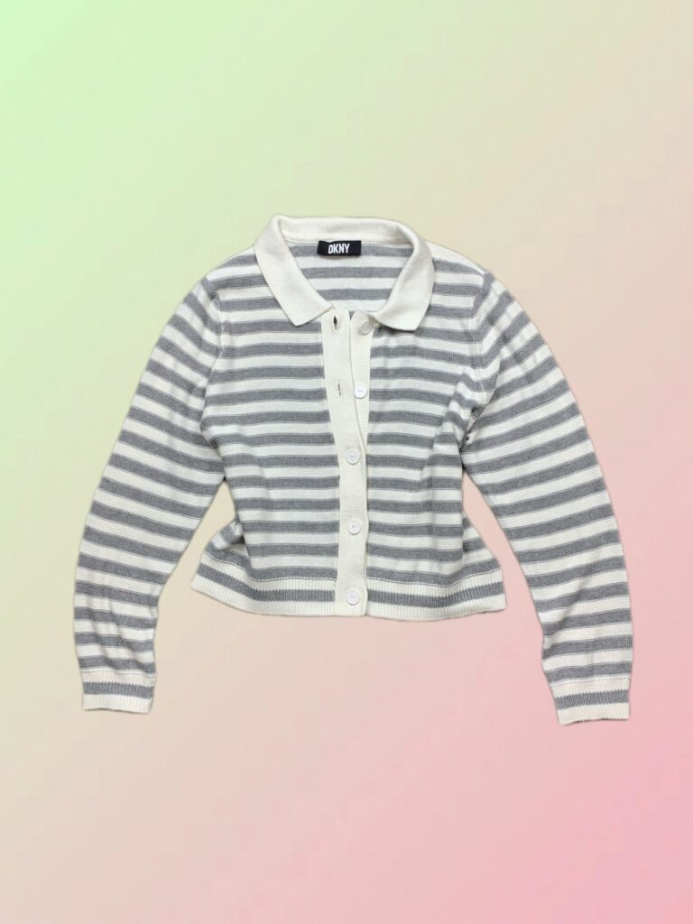DKNY Y2K Grey & White Striped Knit Polo Cardigan