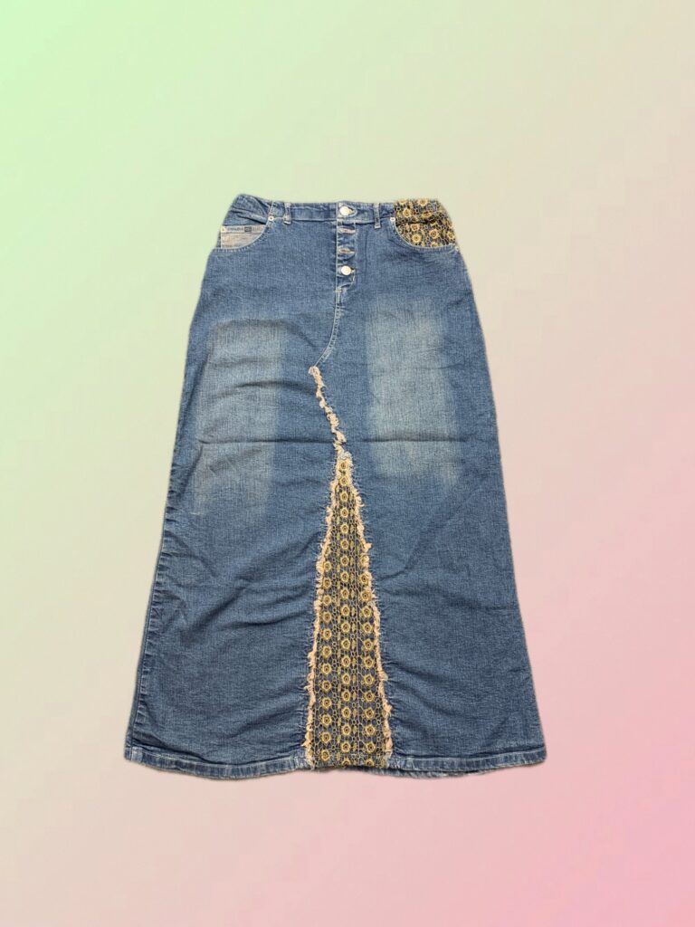Y2K Denim Maxi Skirt with Printed Insert