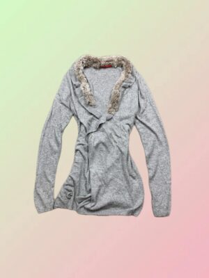 Liu Jo Y2K Grey Faux Fur Trim Knit Cardigan