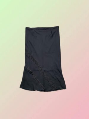 Y2K Black Midi Skirt with Diagonal Lace Trim Detail