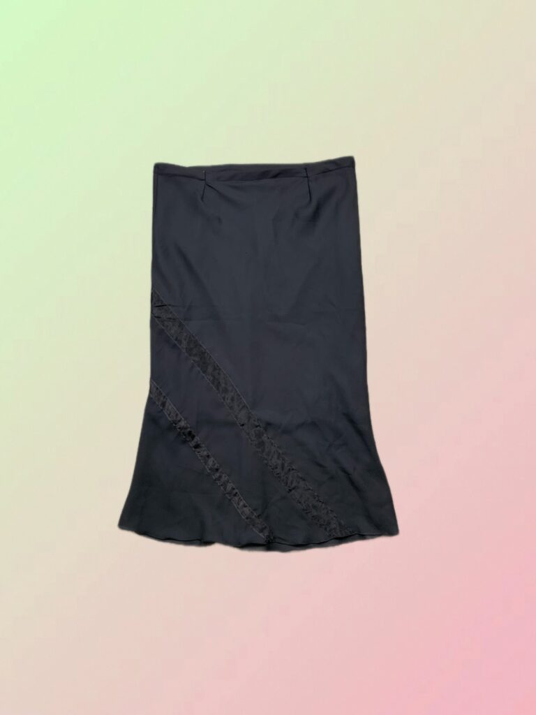 Y2K Black Midi Skirt with Diagonal Lace Trim Detail