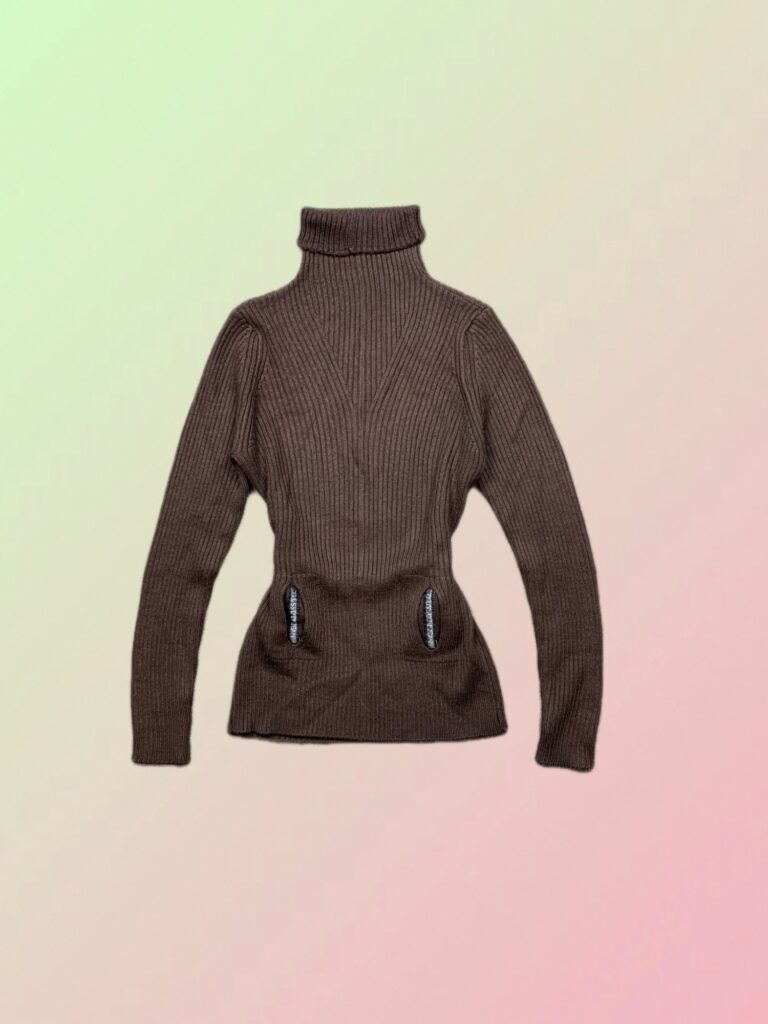 Trussardi Y2K Brown Ribbed Fitted Turtleneck Sweater
