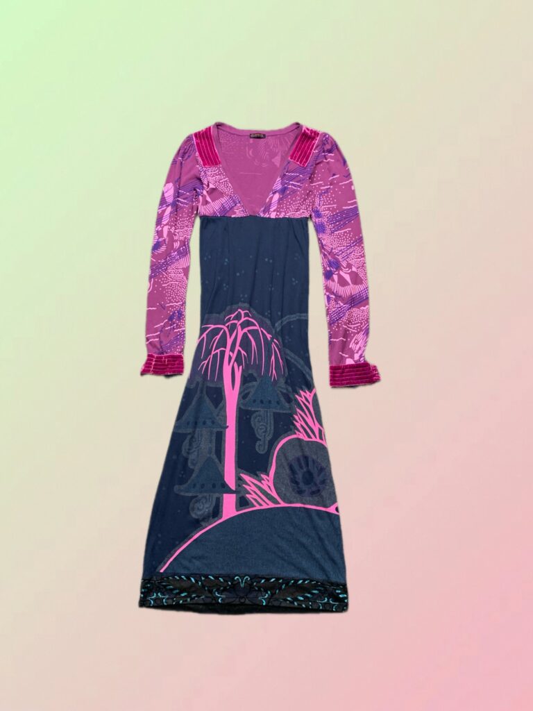 Custo Barcelona Y2K Pink & Navy Graphic Long Sleeve Maxi Dress